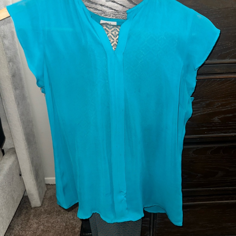 Worthington Gold and Blue Pants with Blue Relaxed Blouse with Cap Sleeves